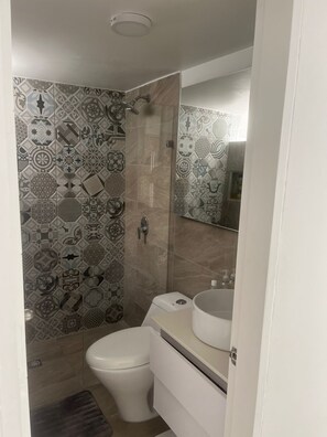 Dusche, Haartrockner, Handtücher, Seife