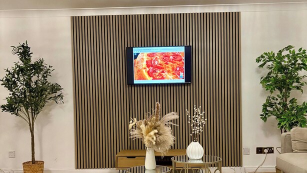 A modern living room with a flat-screen TV mounted on a wall, a round coffee table, a sofa, and two potted plants. - Sleeps8-kingbeds-sofabed-garden-aircon-freeparking (London)