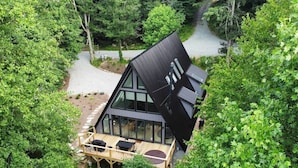 Une maison moderne dotée d’un toit à pente unique, entourée d’une végétation luxuriante.