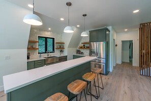 Fridge, microwave, oven, stovetop - Cozy A-Frame Cabin - In-Deck Hot Tub - near Boone (Vilas)