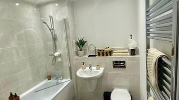 Shower, hair dryer, towels