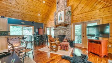 TV connectée, cheminée, livres