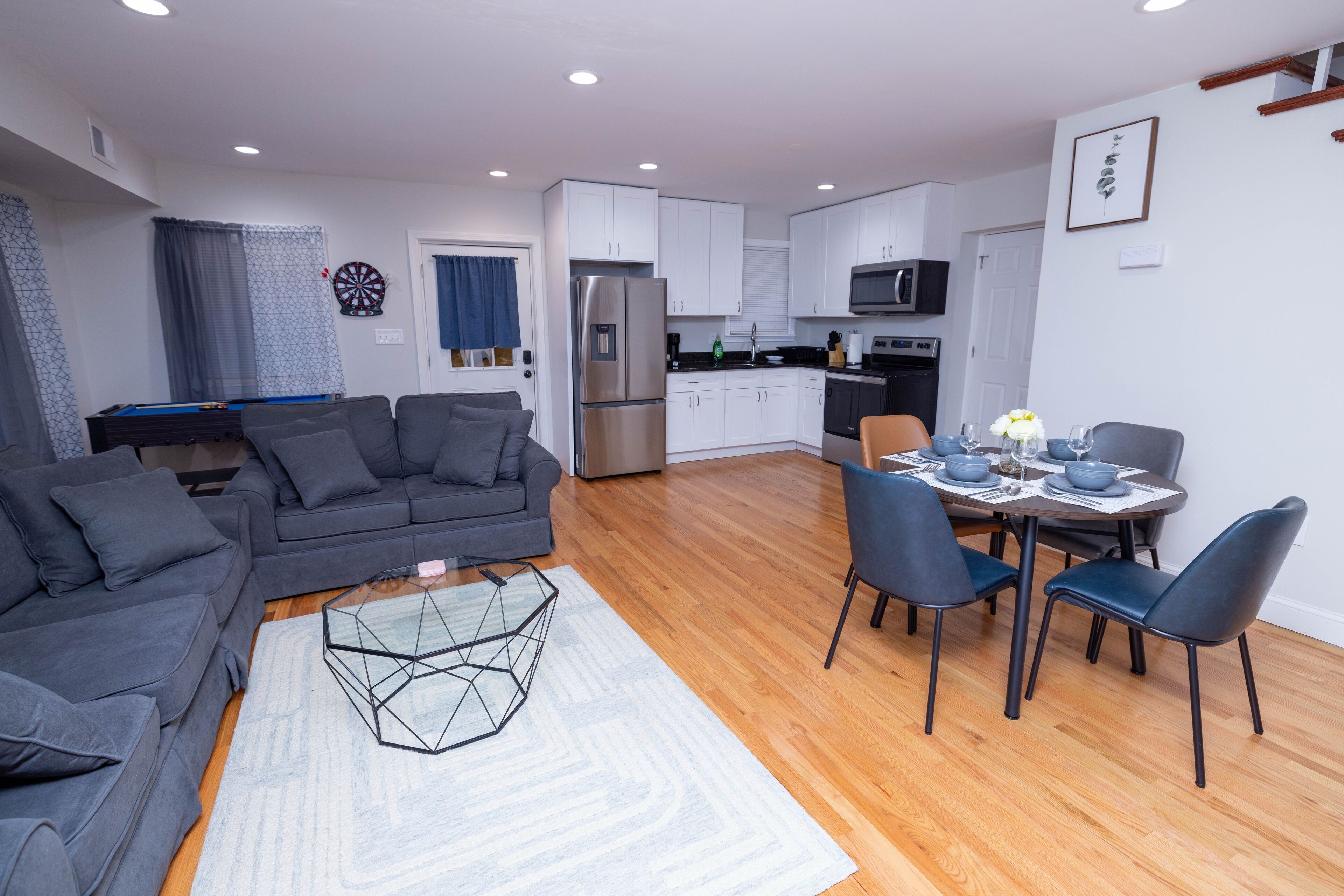 Smart TV, fireplace, video games, foosball