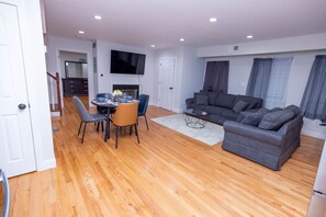 Smart TV, fireplace, video games, table football