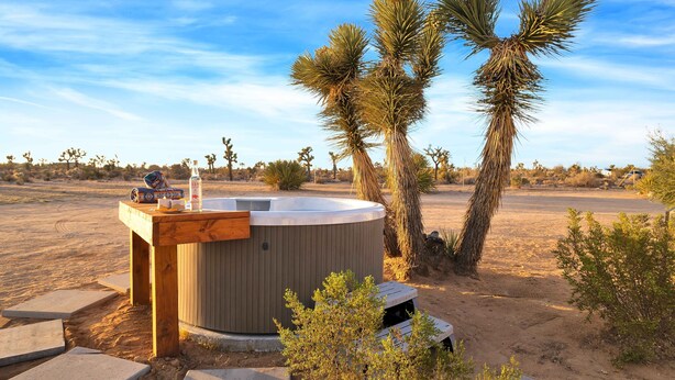 Un jacuzzi en un entorno desértico, con palmeras y cielo despejado.