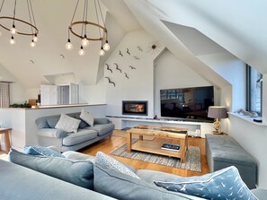 TV connectée, cheminée, livres, chaîne hi-fi