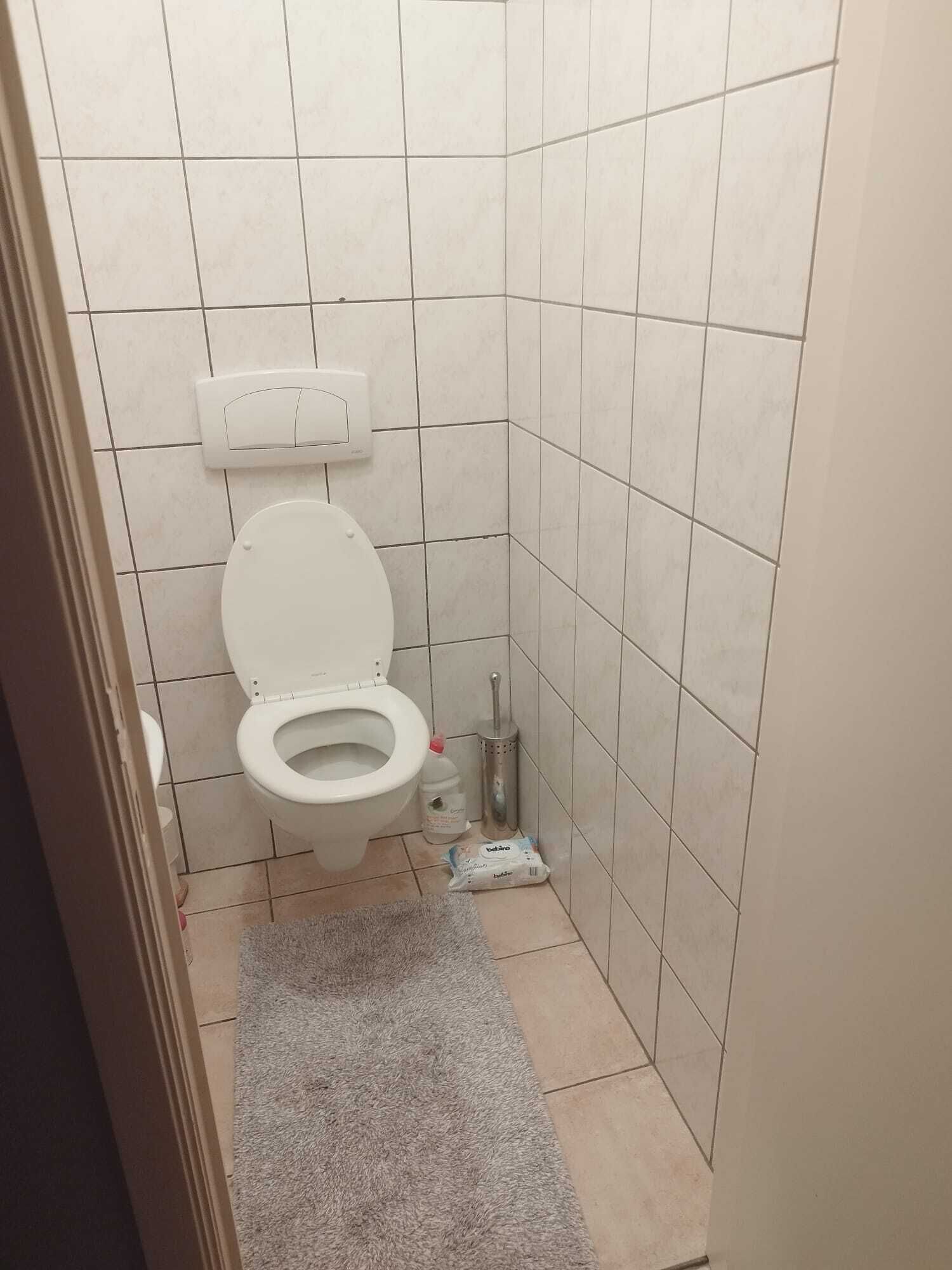 A small, tiled bathroom with a toilet, a hand dryer, a toilet brush, and a package of toilet paper.