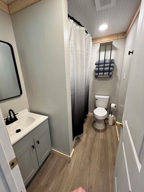 Shower, towels, soap, toilet paper