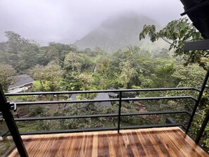 Un balcon doté d’un plancher en bois et d’une rambarde en métal, offrant une vue sur un paysage verdoyant et luxuriant, avec une cascade.