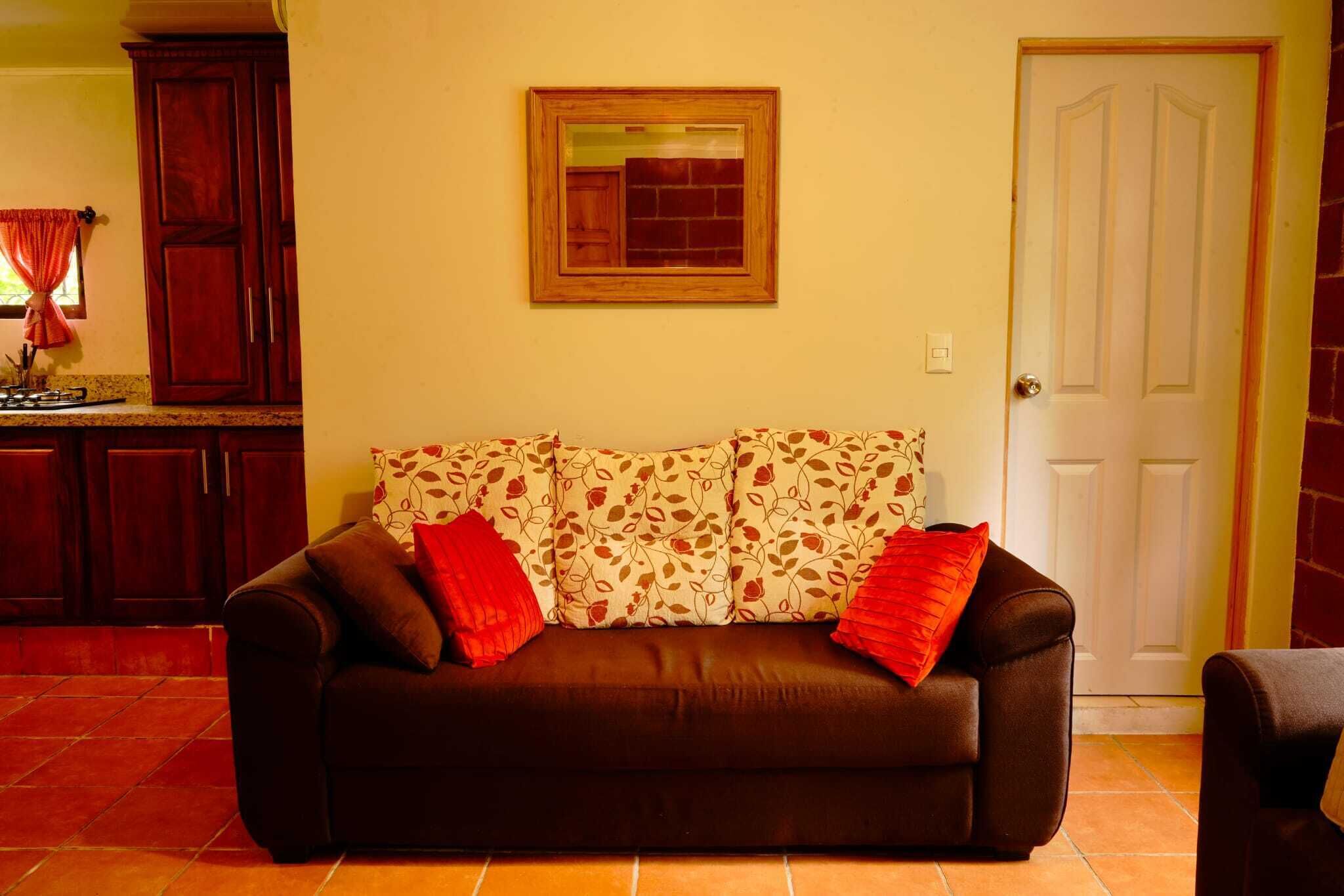 A living room with a brown sofa, two red cushions, a wooden-framed mirror, and a white door.