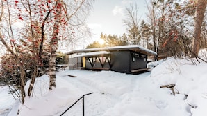 Een moderne chalet met een ruim terras en een overdekt buitengebied, omringd door sneeuw en bomen.
