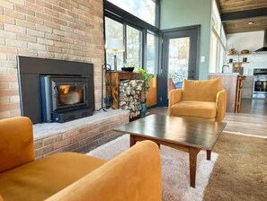Smart TV, fireplace, books