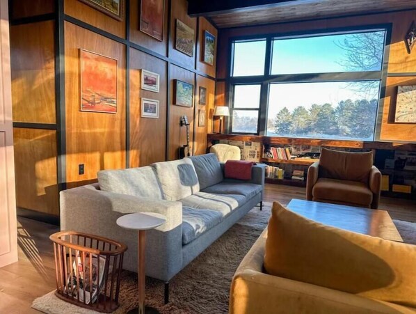 Smart TV, fireplace, books