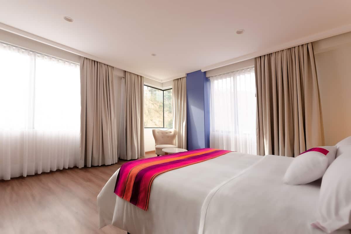 A hotel room with a large bed, a chair, and a view of the outdoors.