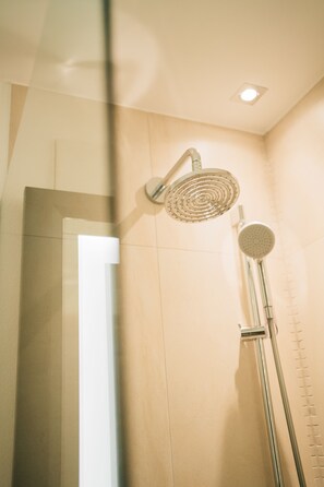 Shower, hydromassage showerhead, free toiletries, hair dryer
