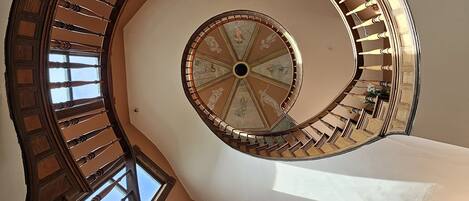 A spiral staircase with a decorative ceiling and a view of the sky through the windows.