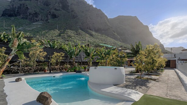 Une piscine dont le décor est constitué d’une chaîne de montagnes, entourée de plantes tropicales et surplombée par un ciel dégagé.