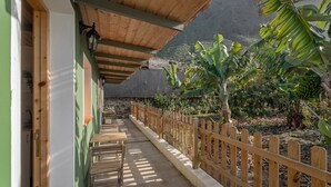 Un espace extérieur abrité, doté de bancs en bois, d’une clôture en bois et de plants de bananiers.