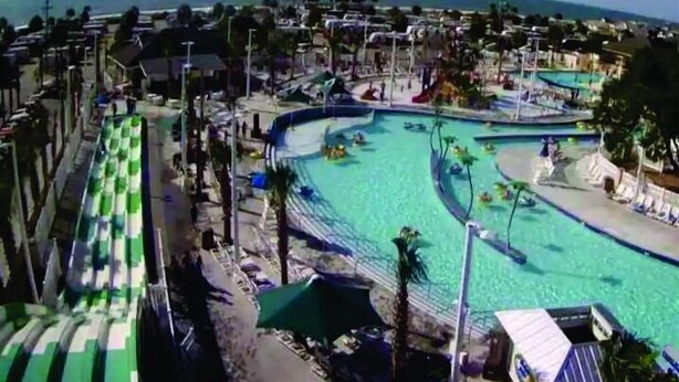 A large swimming pool with multiple lanes, surrounded by lounge areas and palm trees.