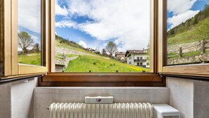A bathroom with a view of a hillside, a radiator, and a window with a wooden frame. - Apartment 'Collini Le Betulle' with Mountain View, Private Garden and Balcony (Spiazzo)