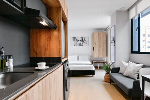 Apartamento (611) | Cozinha privada | Geladeira, micro-ondas, liquidificador