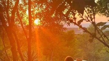 A sunset view from a wicker lounge chair with a view of trees and a distant landscape.