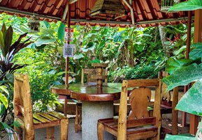 Un conjunto de mesa y sillas de madera en un jardín frondoso y verde con un tejado rojo.