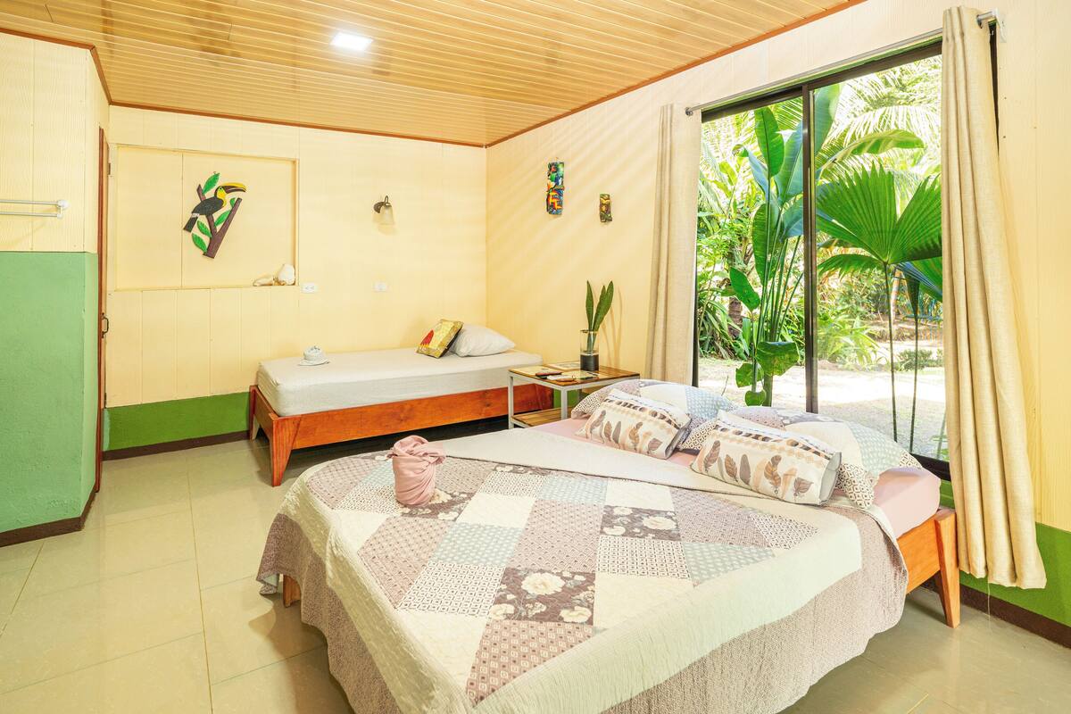A room with two single beds, a small table, a potted plant, and a window with curtains.