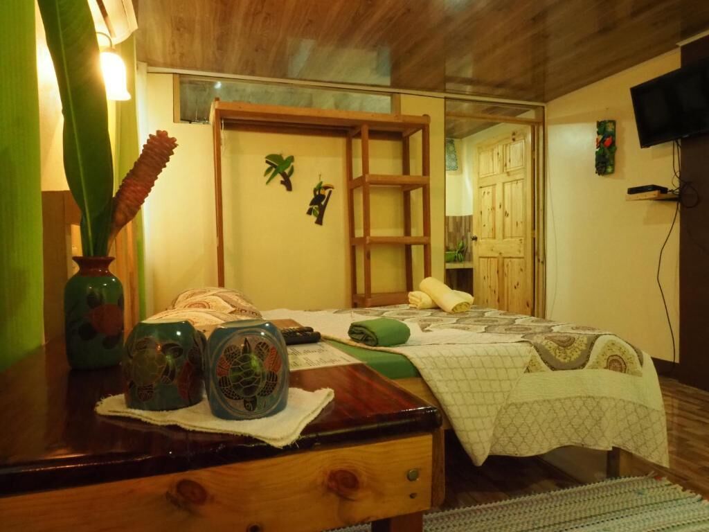 A bedroom with a wooden bed, a small desk with decorative items, a television, and a wardrobe.