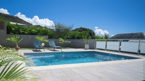 Una piscina con dos sillas de descanso y plantas en macetas.