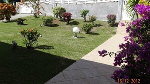Un jardín bien cuidado con arbustos variados y una cerca blanca.