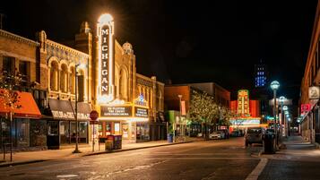 A street view at night with a theater named "Michigan" prominently lit up.