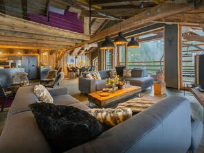 Télévision, cheminée, chaîne hi-fi