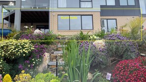 Un edifici modern de dues plantes amb un balcó i un jardí al davant.