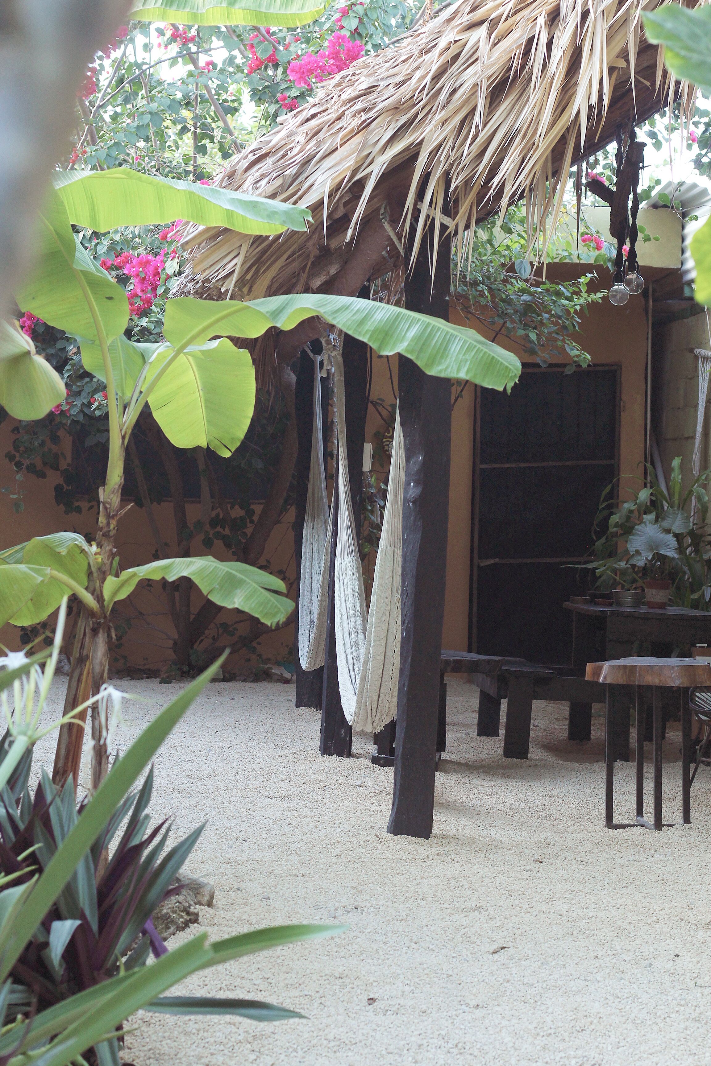 Estructura con techo de paja, con hamacas y una mesa, rodeada de plantas y flores.