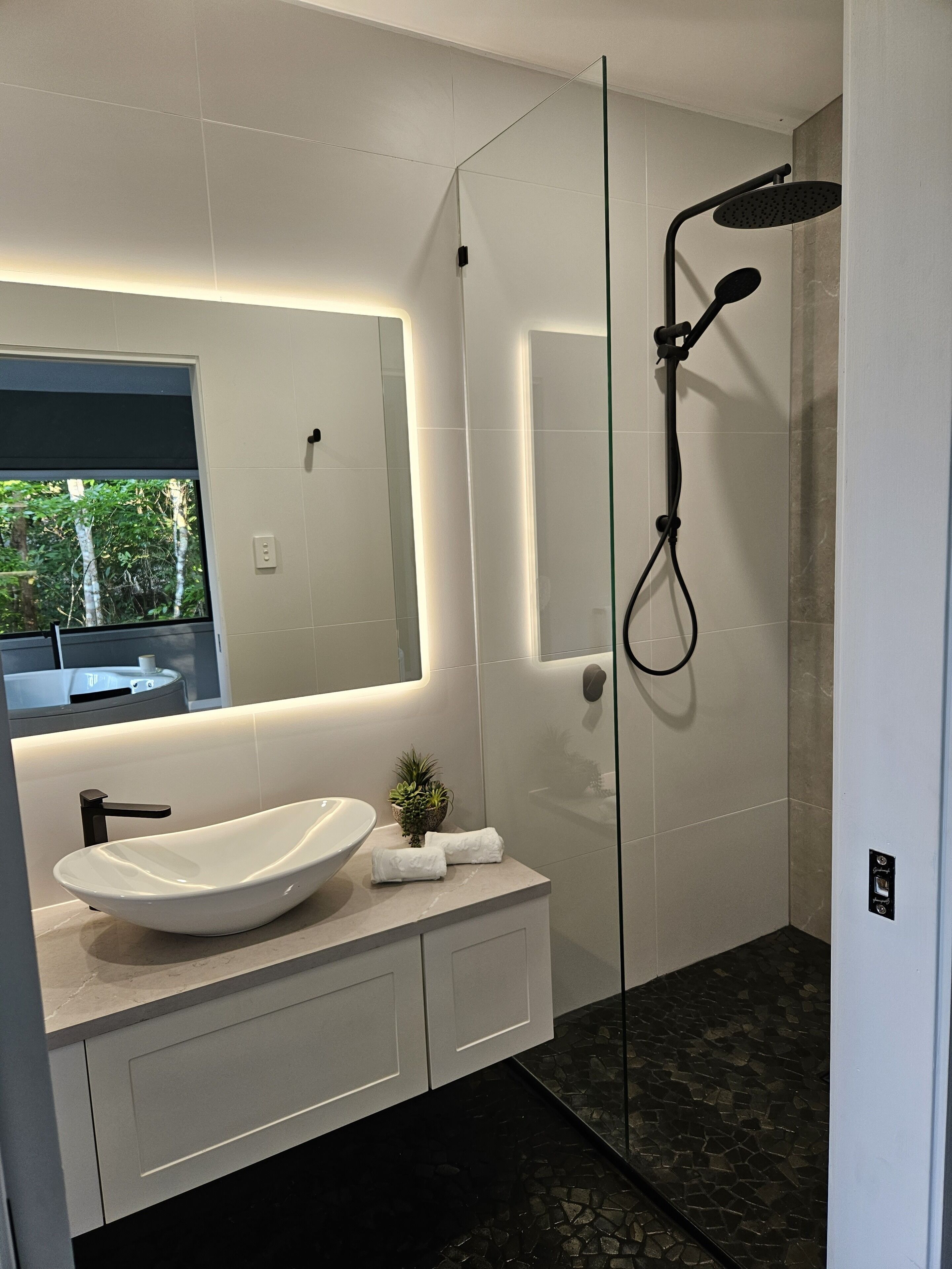 Hair dryer, towels, soap, toilet paper