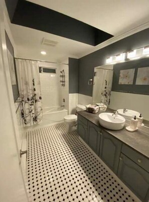 Hair dryer, towels, soap, shampoo