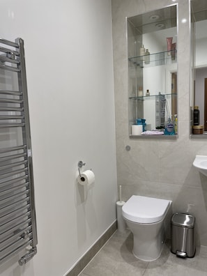 Hair dryer, towels, soap, toilet paper