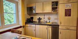 Fridge, microwave, coffee/tea maker, electric kettle