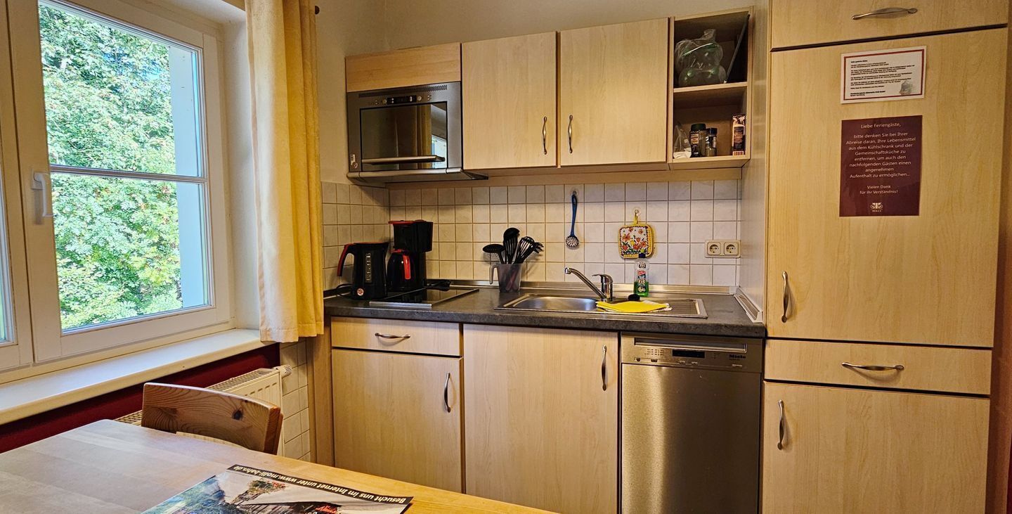 A kitchen with wooden cabinets, a stainless steel dishwasher, a microwave, and a window with a view of greenery.