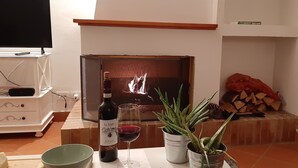 Ein Wohnzimmer mit Kamin, einer Weinflasche und zwei Topfpflanzen.