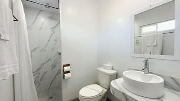 Shower, rainfall showerhead, hair dryer, towels