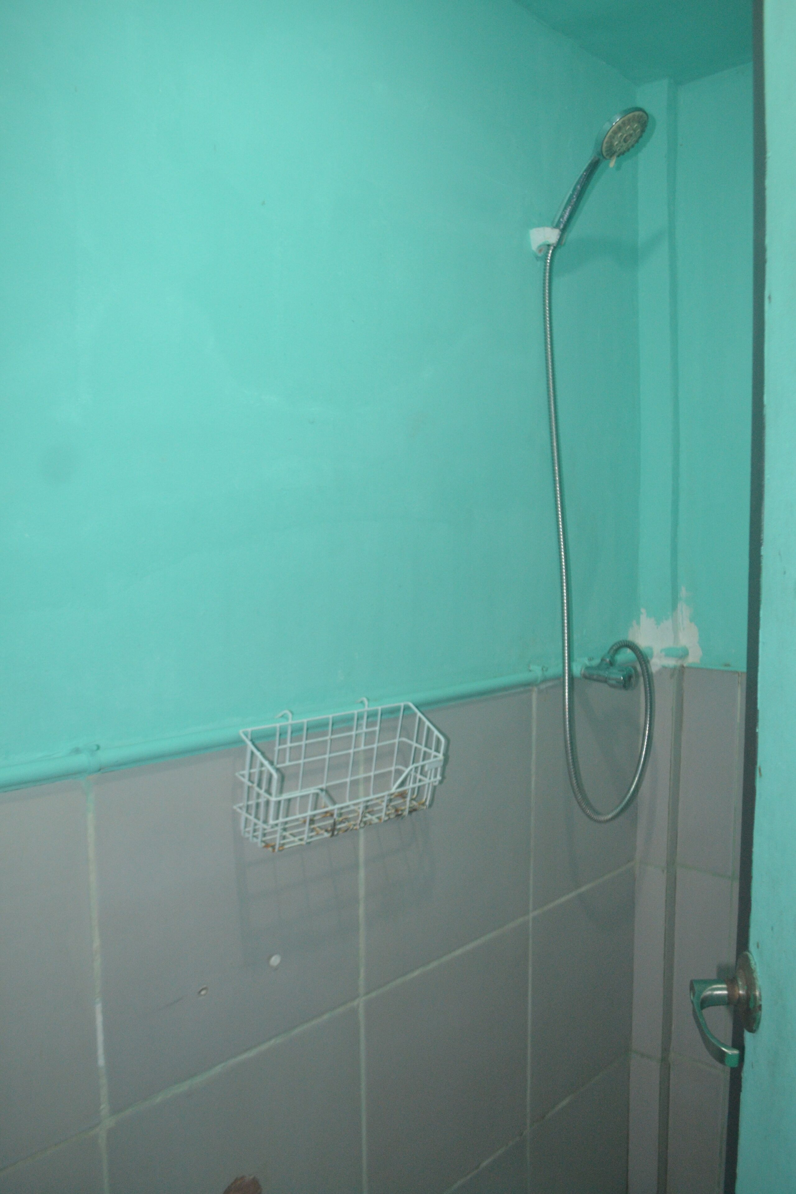 A bathroom with a shower, a metal basket, and a door.