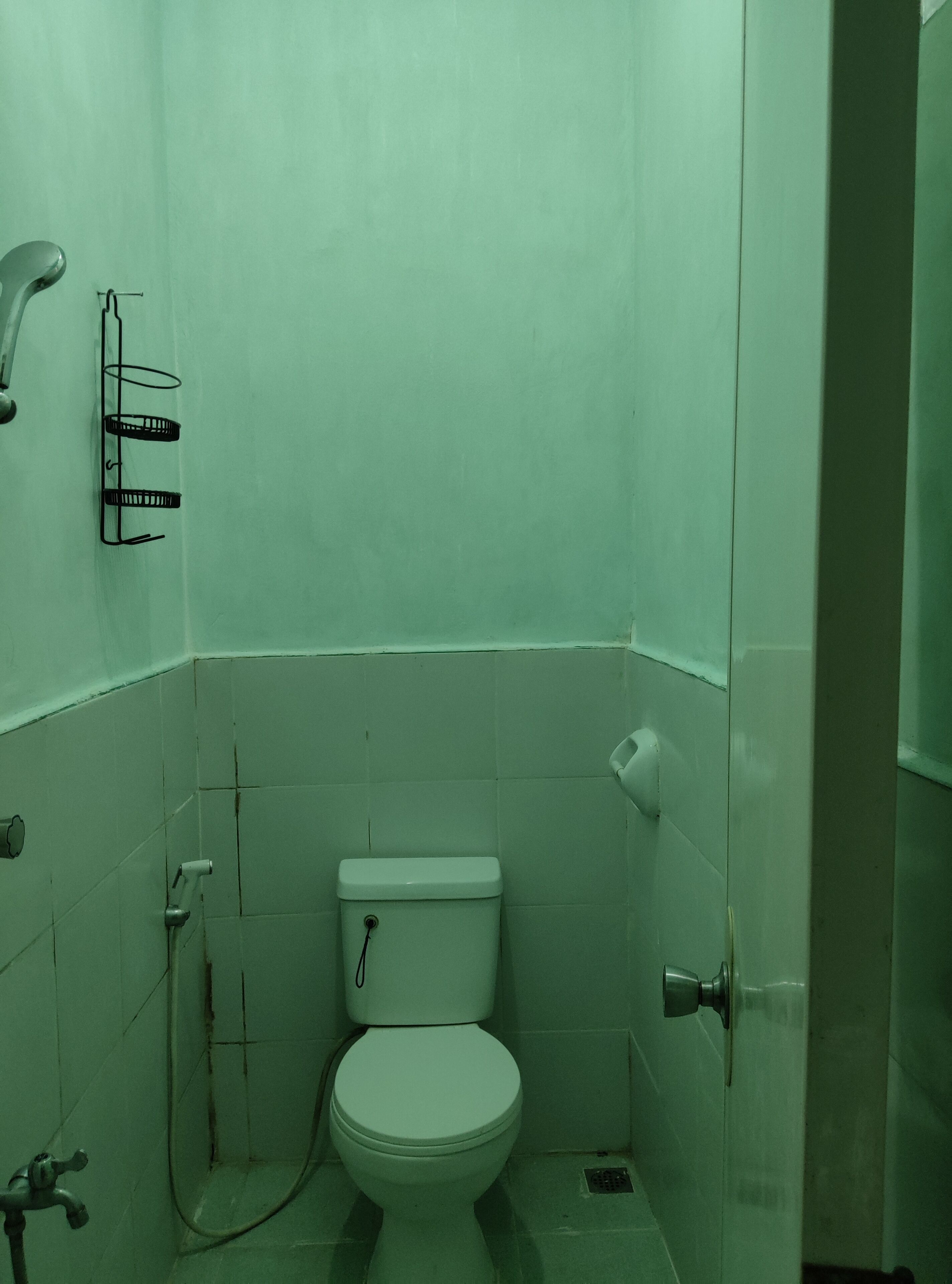 A small, basic bathroom with a toilet, a shower, and a towel rack.