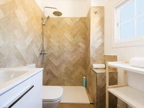 Shower, hair dryer, towels