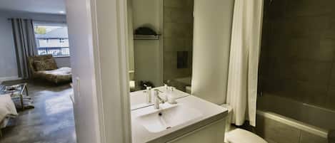 Hair dryer, towels, soap, shampoo