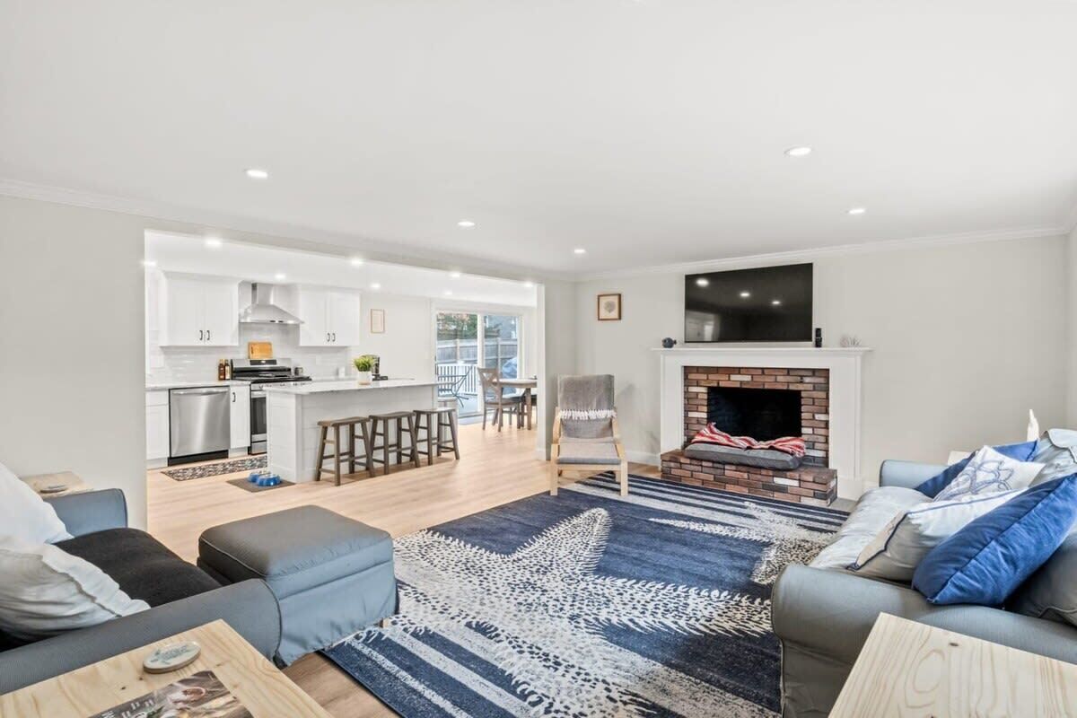 TV, fireplace, books