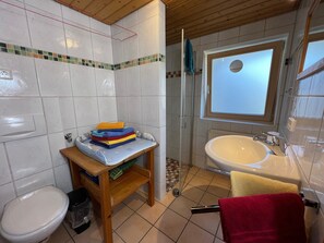 Une salle de bain avec des toilettes, un lavabo et une douche.