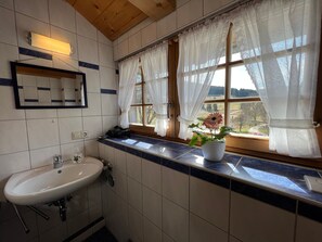 Shower, hair dryer, towels - Apartment 'Ferienwohnung Sternschnuppe, 90 Qm' with Mountain View, Shared Garden and Balcony (Titisee-Neustadt)
