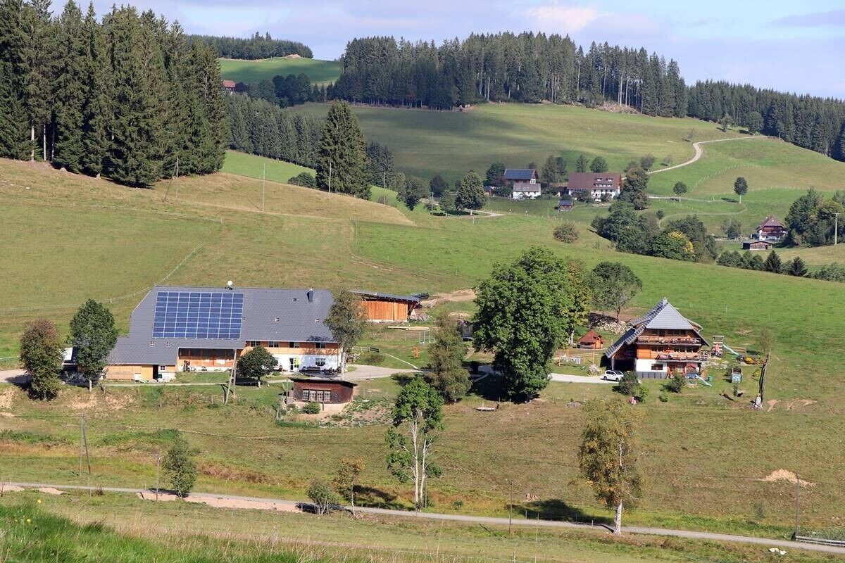A rural landscape with houses, a solar panel building, and surrounding greenery.